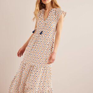 Boden Cream and Blue Printed Midi Dress
